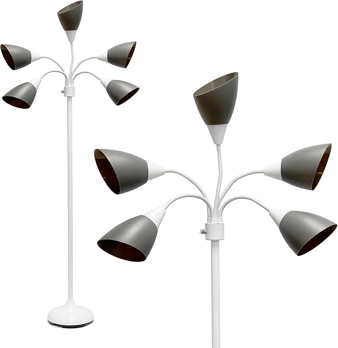 Simple Designs LF2006-GOW 67" Contemporary Multi Head Medusa 5 Light Adjustable Gooseneck White Floor Lamp with Gray Shades for Kids Bedroom Playroom Living Room Office