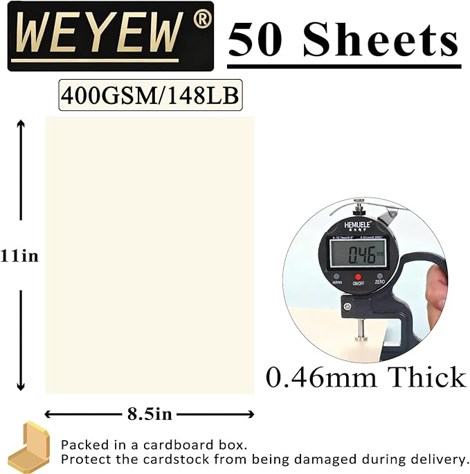 50 Sheets 148lb Cream Cardstock, 8.5" x 11", Extra Heavy Duty Off-White Paper for Card Base DIY Craft Card Making, 148LB Cover 400 GSM