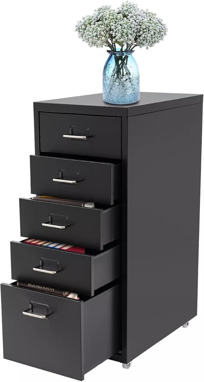 5-Drawers Metal File Cabinet, Freestanding Office Vertical File Cabinets, Storage Cabinet with Buckles and Handles, Mutifuctional Tool Cabinets for Kitchen, Bedroom, Living Room (Black)
