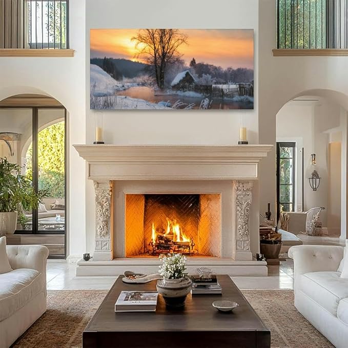 House the village near the river against the backdrop the mountains a Canvas Wall Art Large Framed Prints Pictures Wall Decor Posters Painting Artwork for Living Room Bedroom Kitchen Bathroom 24x47