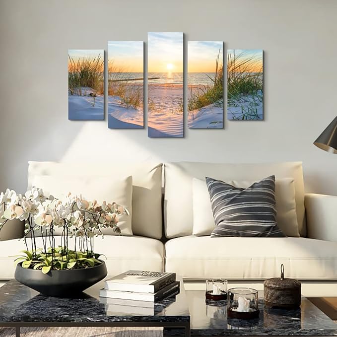 Canvas Wall Art For Living Room Large Size Wall Decor For Bedrooms Beach Grass Blue Ocean Landscape Painting Office Wall Decorations Seascape Print Canvas Pictures Artwork Home Decor Works 5 Piece