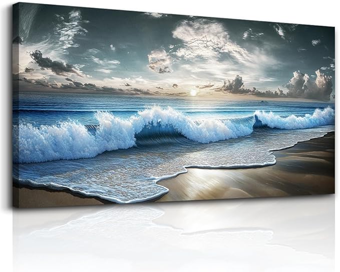 MHARTK66 Blue Ocean Canvas Wall Art Large Paintings For Living Room Landscape Nature Artwork For Walls Beach Wall Decor For Bedroom Wall Art Waves Pictures For The Dining Room Easy Hanging 20x40