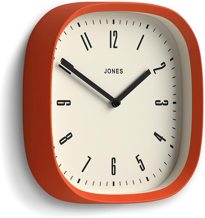 JONES CLOCKS® Marvel Wall Clock | Modern Retro Rounded Square Clock | 10 inch | Orange | Cool Designer Look for Kitchen, Living Room or Office