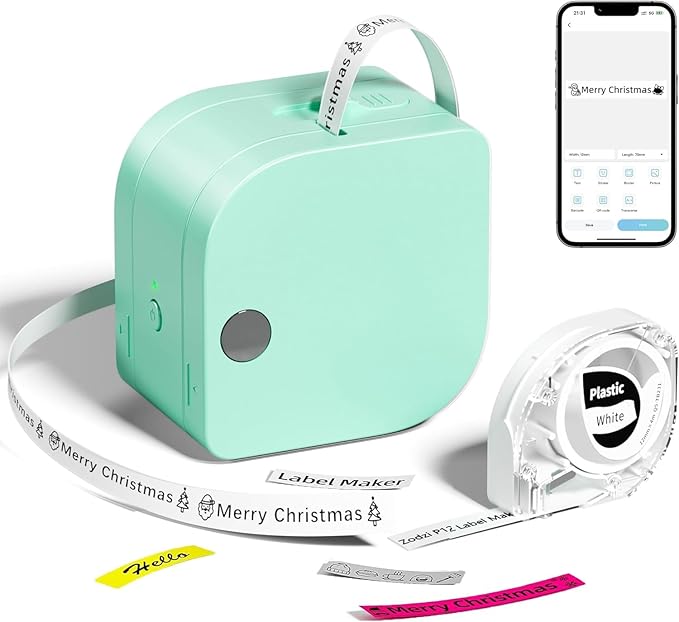 Label Makers, Label Maker Machine with Tape P12, Portable Mini Thermal Inkless Label Printer with Fonts, Bluetooth Sticker Maker Support 12mm Label Tapes for Home Office Organization Labeling