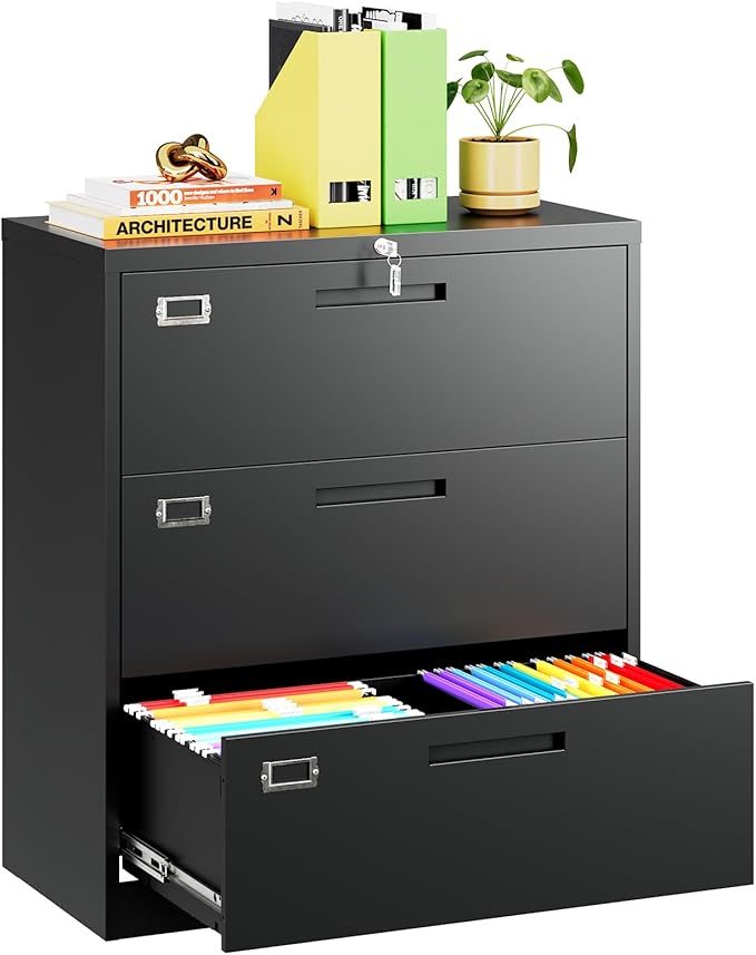 MIIIKO Lateral File Cabinet 3 Drawer, Metal Filing Cabinet with Lock for Home Office, Large Storage File Organizer for Hanging File Folders,Easy Assemble