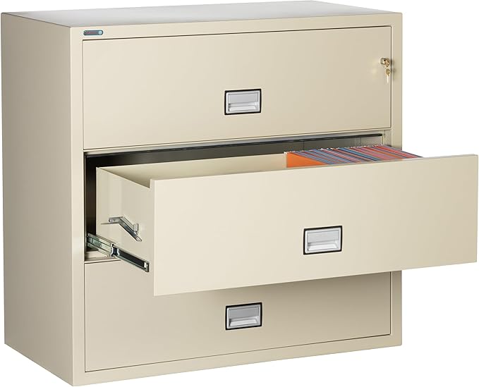 44 inch Wide 3-Drawer Lateral Fireproof File Cabinet – Legal and Letter Size Filing – Key Lock – Water Resistant – Fire Safe and Impact Rated – Putty Finish – Model LAT3W44P