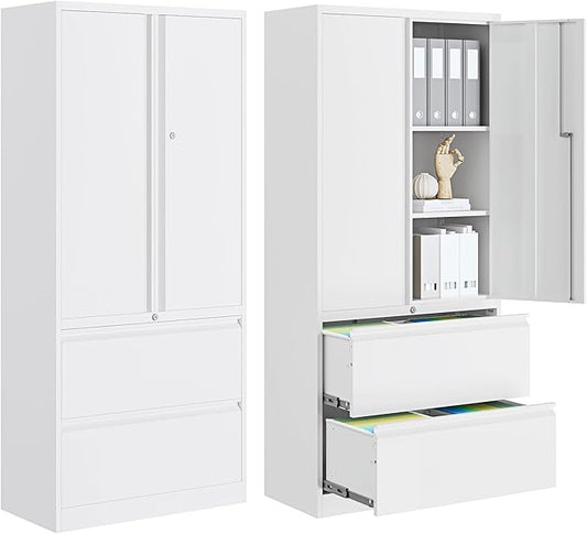 2-Drawer Metal File Cabinet, Lateral Vertical Filing Cabinets for Home Office, Locking File Cabinet with Storage Shelves, Legal/Letter/A4 Size (White, Assemble Required)