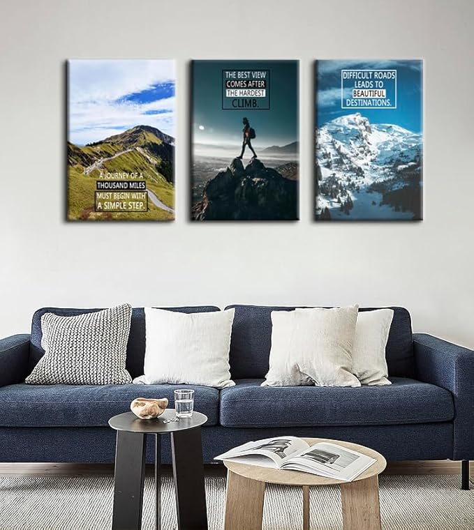 WYJDFART 3 Panel Poster Motivational Mountain Wall Art Inspirational Landscape Positive Quote Canvas Posters for Office Wall Decor,Gym, Living Room & Bedroom Framed Ready to Hang [48''Wx 24''H]