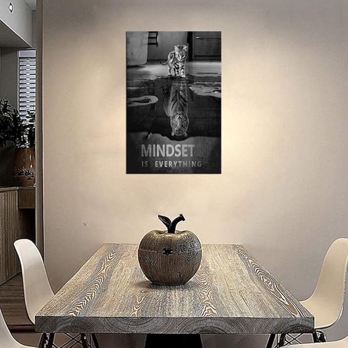 Inspirational Canvas Wall Art with Cat and Tiger Picture Motivational Quotes Mindset is Everything Canvas Painting Entrepreneur Office Wall Decor Artwork Framed Ready to Hang - 12''W x 16''H