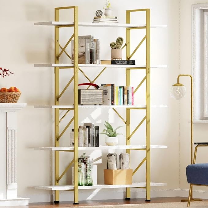 DWVO 5 Tier Gold Bookshelf, 70.9" Tall Book Shelf and Bookcase, Vintage Large Open Storage Rack Shelves for Living Room/Bedroom/Home/Office, Gold & White