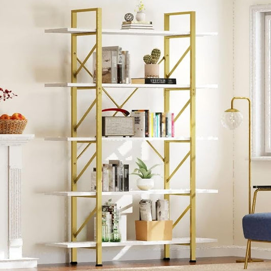 DWVO 5 Tier Gold Bookshelf, 70.9" Tall Book Shelf and Bookcase, Vintage Large Open Storage Rack Shelves for Living Room/Bedroom/Home/Office, Gold & White