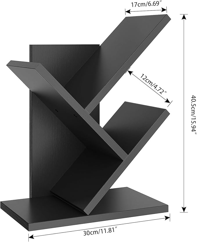 YMYNY 2 Tier Tree Bookshelf, Small Bookcase, Modern Wood Book Storage Rack Organizer, Freestanding Book Shelf for Books/Movies/CDs, Display Rack for Bedroom, Home Office, Black UHBC012B