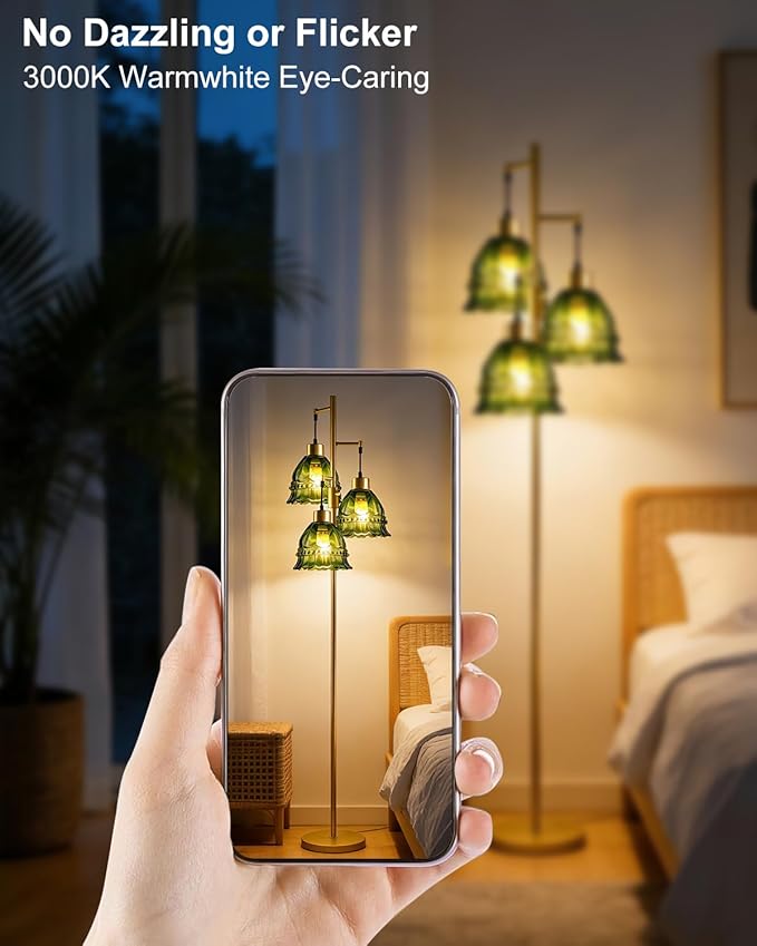 Lightdot 3-Lights Glass Floor Lamp Dimmable Gold Floor Lamp with Green Glass Shade 3000K Bulbs Included Unique Modern Standing Tall Lamp for Living Room/Bedroom/Sofa Beside/Corner Decor