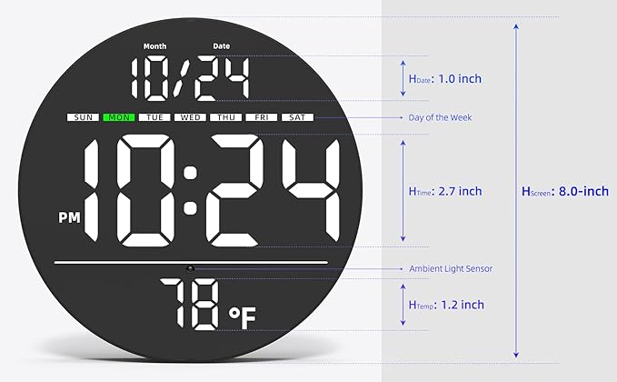 Digital Wall Clock with Large LED Display, Date, Temperature, Auto-Brightness | Small [PLUG-IN] Clock | Modern Electric Wall Clock for Bedroom, Classroom, Living Room, Home, Office, Farmhouse – White