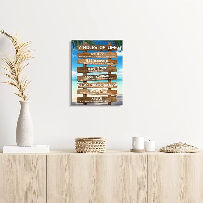 Kas Home Inspirational Wall Art - 7 Rules of Life Motivational Canvas Wall Decor Beach Positive Quotes Living Room Rustic Framed Art Gift for Bedroom Bathroom (12 x 15 inch, Brown - 7 Rules)