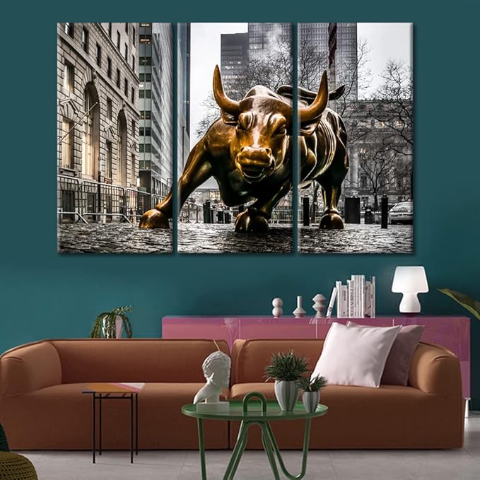 Wall Art for Living Room Bedroom 3 Pieces Wall Street Copper Bull Artwork Bull Poster Modern Wall Decor for Living Room Bedroom Study Room Office With Wood Framed - 42" Wx28 H