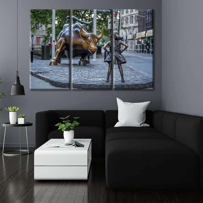 TUMOVO 3 Piece Canvas Wall Art Wall Street Bull and Fearless Girl Picture Printing Modern Artwork Room Decorations Motivational Wall Art Stretched and Framed Ready to Hang - 60" Wx40 H