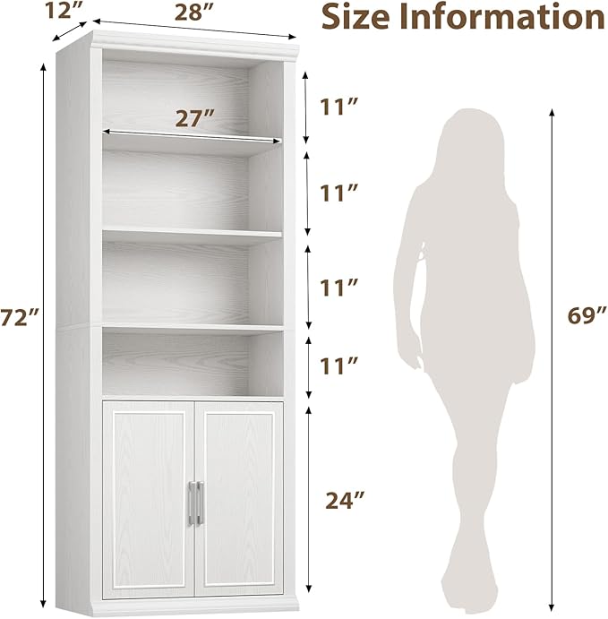 Rresyet 28" W Bookcase and Bookshelf with Doors, Modern Tall Bookshelf 6-Tier White Bookshelves with Storage Cabinet for Office, Living Room, Library
