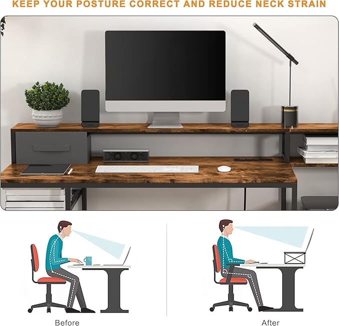 Home Office Desks with Drawers, 66'' Computer Desk with Storage, Office Desk with Monitor Stand, Work Desk with Outlets and USB, Gaming Table Desk with File Cabinet for Home Office Table, Brown