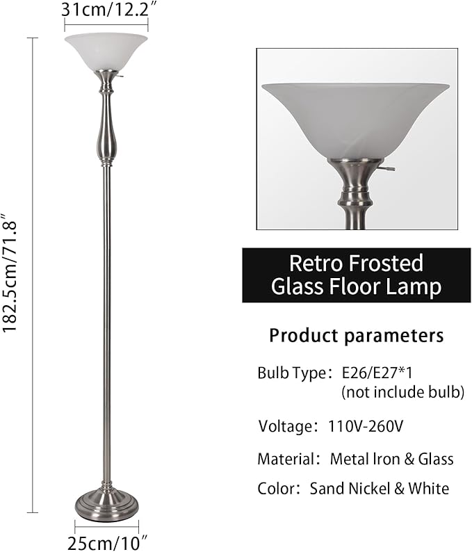 Torchiere Floor Lamps for Living Room Bedroom, 72" Tall Alabaster Glass Bowl Shade with No Bulb, Standing Lamp Iron Brushed Nickel for Corner,Office, Home Decor