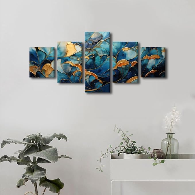 Canvas Wall Art Decor for Men Modern Abstract Wall Art Blue and Gold Flower Marble Poster Prints on Canvas 5 Panel Living Room Wall Art for Room Home Decor Stretched Ready to Hang 50x24 in