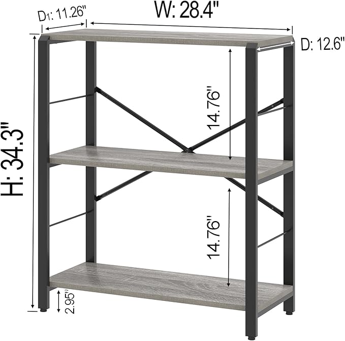 FOLUBAN Small Bookshelf and Bookcase, 3 Tier Low Short Book Shelves, Rustic Wood and Metal Shelving Unit for Small Spaces, Bedroom Living Room, Light Grey