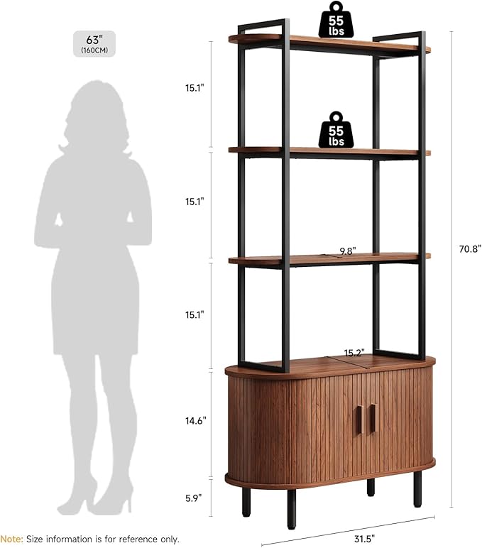 ONBRILL 71" Tall Bookshelf, 4-Tier Book Shelf with Storage Cabinet, Modern Bookcase with Sliding Door and Adjustable Footpad, Freestanding Storage Organizer Bookshelf for Living Room, Bedroom, Walnut