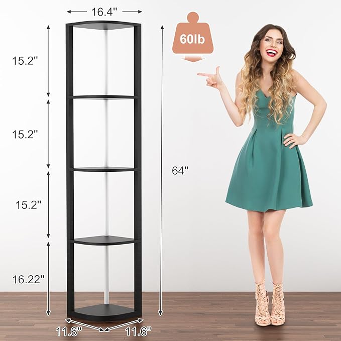 ROJASOP 5 Tiers Corner Shelf with Light Tall Display Shelf for Collectibles Control Multiple Color Lights via APP and Remote Control Floor Lamp with Shelf Supports Dimming for Living Room Bedroom Home