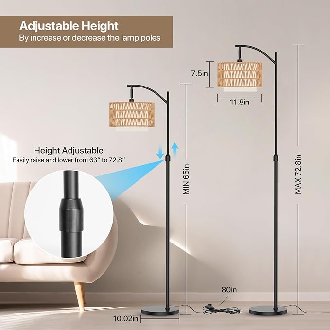Boho Floor Lamp - Arched Floor Lamps for Living Room, Farmhouse Floor Lamp with 3 Color Temperature Black Standing Lamp with Rattan & Fabric Double Shade Bohemian Rattan Floor Lamps for Bedroom Office