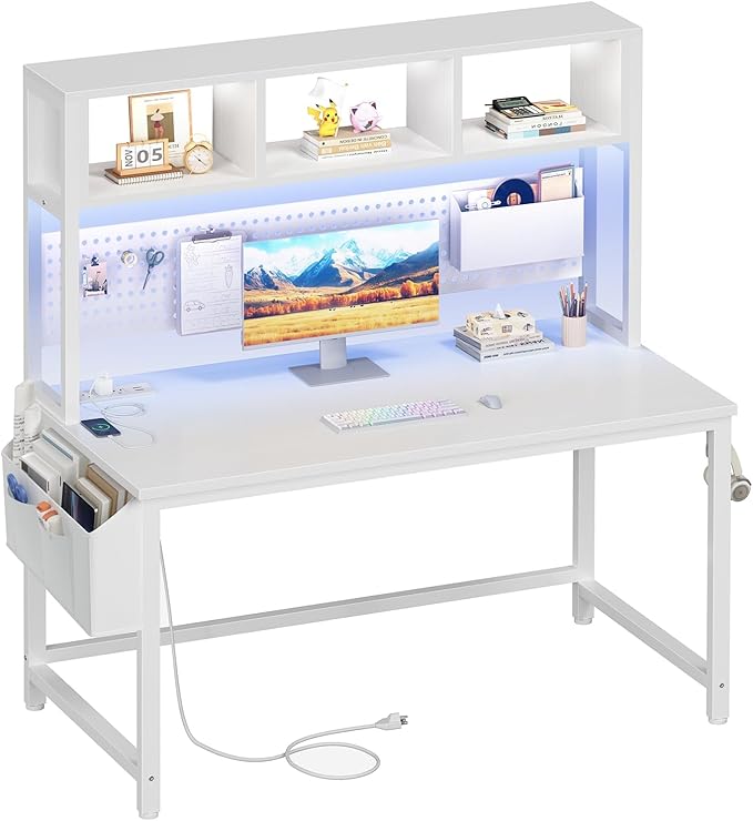 White Gaming Desk with Hutch and Pegboard - Computer Desk with Hutch, Power Outlet, 47 Inch Art Desk with Storage, Hooks, RGB and Side Bag, Writing Modern Study Teen Desks for Girl Bedroom Home Office