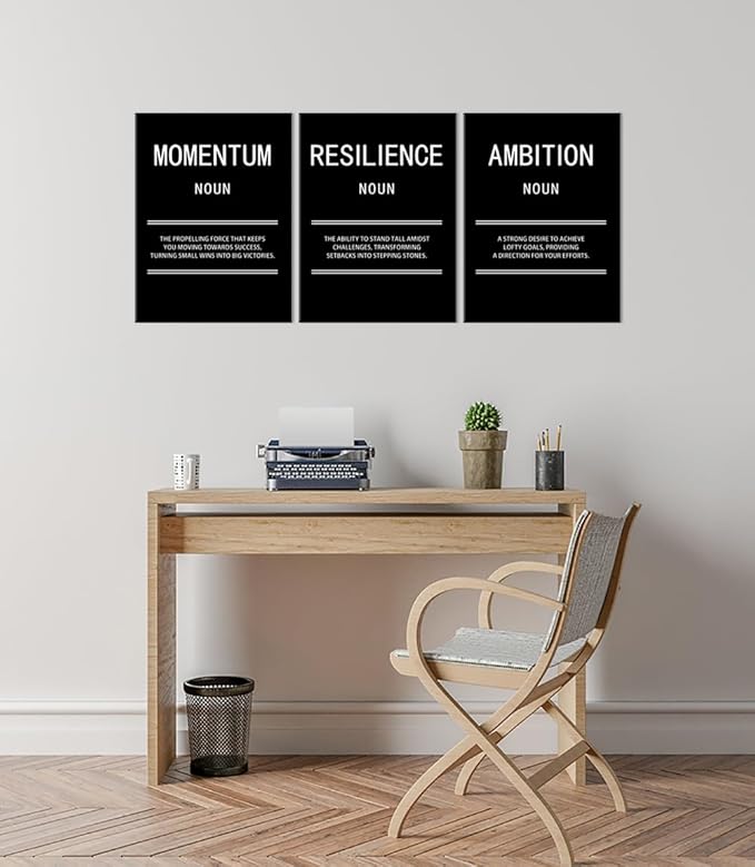 WYJZDZQ8 3 Panel Inspirational Canvas Print Wall Art Ambition Momentum Resilience Motivational Poster Painting Modern Inspiring Artwork for Home Office Living Room Decor Ready to Hang [36''Wx 16''H]