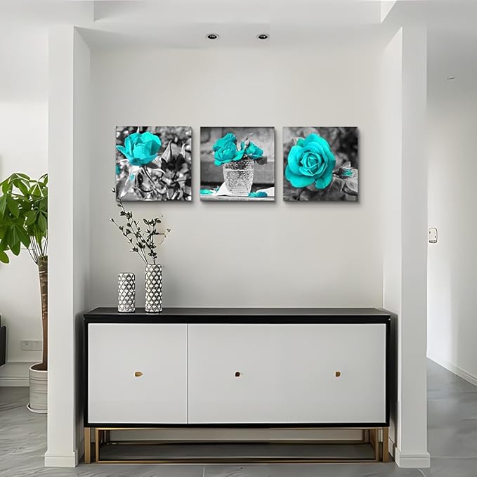 Canvas Wall Art For Bedroom Wall Decor For Living Room Black And White Wall Paintings Blue Rose Flowers Pictures Watercolor Giclee Canvas Prints Ready To Hang Room For Girls Home Decoration 3 Piece