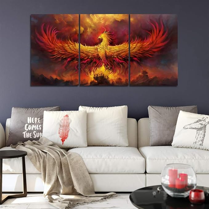 Yetaryy Fantasy Wall Art Canvas Prints Golden Red Burning Phoenix Volcanic Ancient Mystic Animal Birds Living Room Bedroom Home Decor Wall Decoration 3 Panels Wood Framed Poster - 72" W x 36" H