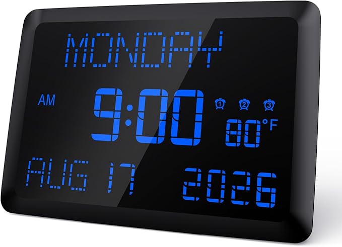 Raynic Digital Clock, 11.5" Large Display Calendar Clock with Day and Date, Indoor Temperature, Adjustable Brightness, Snooze,12/24H, DST for Home, Office, Elderly