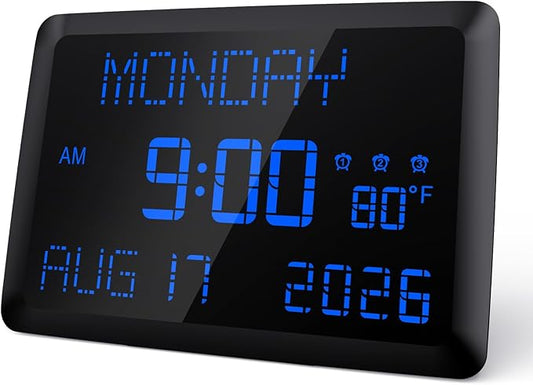 Raynic Digital Clock, 11.5" Large Display Calendar Clock with Day and Date, Indoor Temperature, Adjustable Brightness, Snooze,12/24H, DST for Home, Office, Elderly