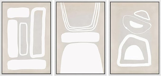 SIGNWIN Framed Canvas Print Wall Art Set Mid-Century Boho Geometric Polygons Abstract Shapes Cozy Neutral Modern Art Decorative Contemporary Minimal for Living Room, Bedroom, Office - 24"x36"x3 White