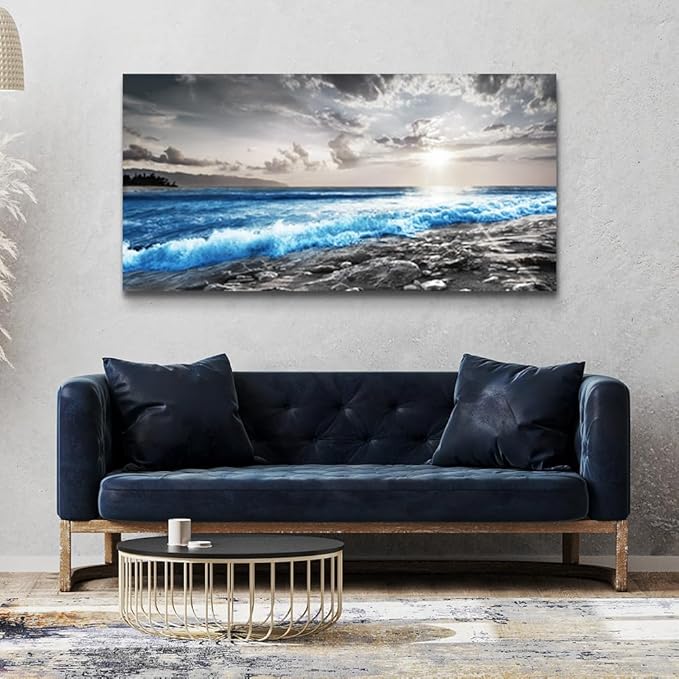 hyidecorart Large Wall Decor For Living Room Canvas Wall Art For Office Bedroom Decorations Blue Ocean Wave Wall Painting Black and White Beach Pictures Artwork Modern Mural Home Decor