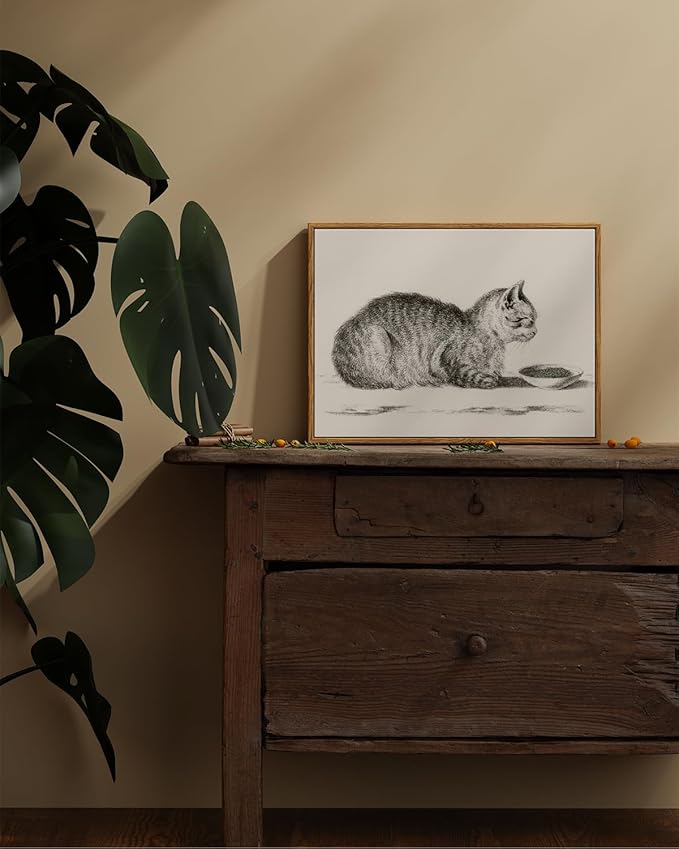 ARPEOTCY Vintage Framed Canvas Wall Art, Cute Cat Wall Art for Livingroom Bathroom Decor Pictures, Vintage Rustic Retro Prints for Bedroom Kitchen Home Decor Aesthetic(12x16 Inch)