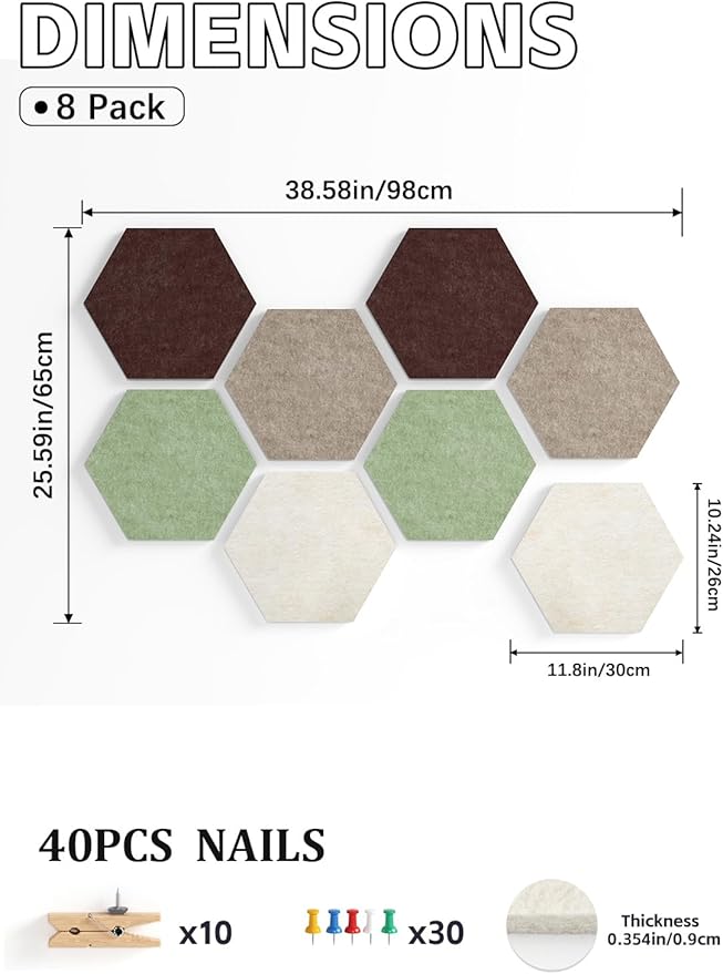 8 Pack Hexagon Felt Bulletin Board Tiles - 11.8" Large Thick Pin Board for Walls with 30 Push Pins, DIY Boards for Office Home School Decor, Aesthetic Hex Cork Board Alternative