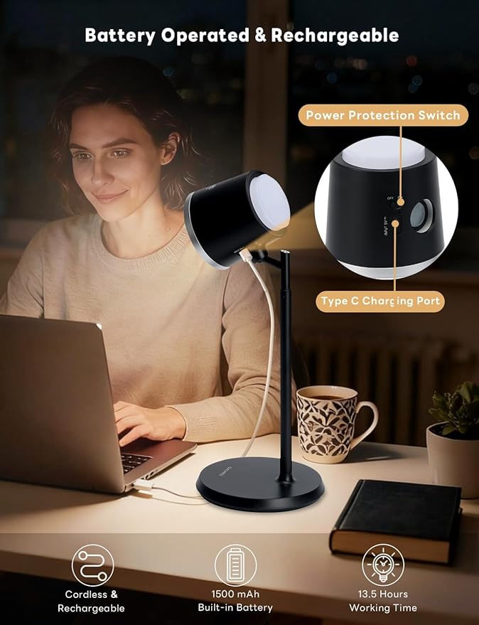 Magnetic Rechargeable LED Desk Lamp, Cordless Dimmable Reading Light with 3 Color Modes, 360° Rotation for Home Office Bedroom Hallway Camping