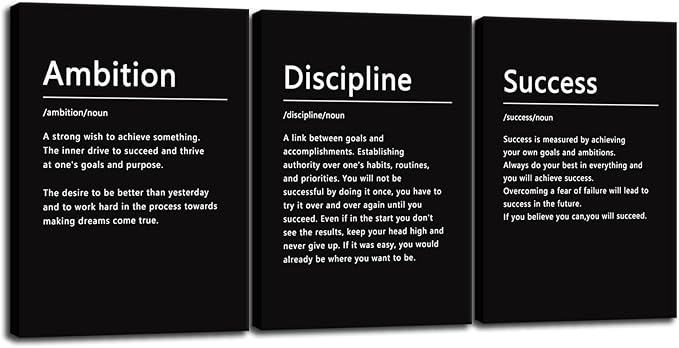 Motivational Quotes Canvas Wall Art Inspirational Discipline 3 Pieces Poster Print Motivational Ambition Success Noun Picture Painting Framed Artwork for Office Living Room Wall Decor[60" W X 28" H]