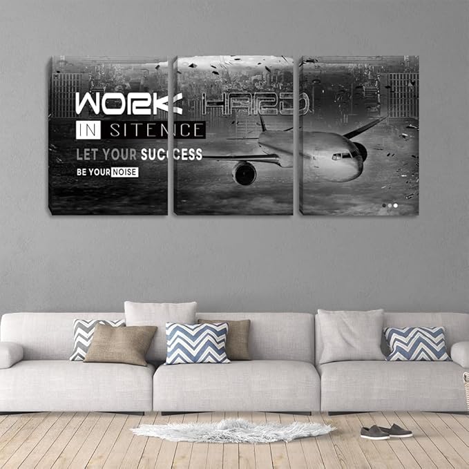 Motivational Framed Canvas Wall Art Success Quote Office Wall Art Black Positive Poster Set of 3 Prints Plane Inspirational Print Entrepreneur Workplace Workout Room Decor(48" Wx24 H)