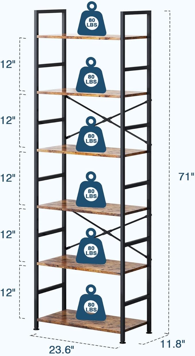 6 Tier Tall Rustic Wood Bookshelf, Metal Frame Standing Bookcase, Open Back Modern Office Bookcases, Industrial Vintage Book Shelf Unit
