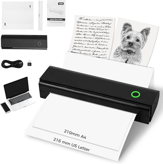 Travel Thermal Printer, Inkless Mobile for A4 Us Letter, Bt/USB, 11X3.3X2 in, Smartphone Tablet Pc, Office/Home