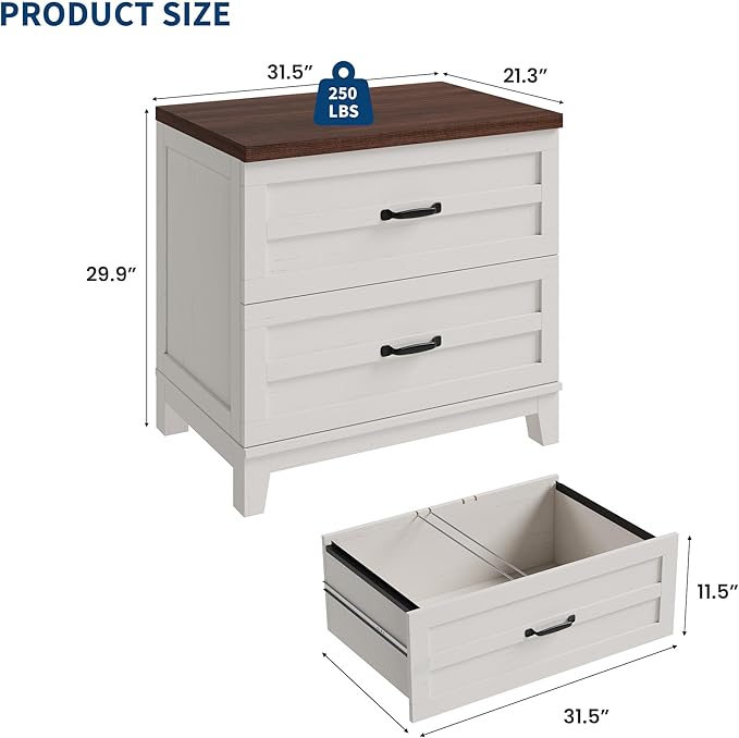 IDEALHOUSE 21.26" D Lateral File Cabinet, Wood Farmhouse Large Filing Storage Cabinet with Drawers & Hanging for Legal/Letter/A4 Size File, Thick & Sturdy Frame for Home Office, Rustic Brown & White
