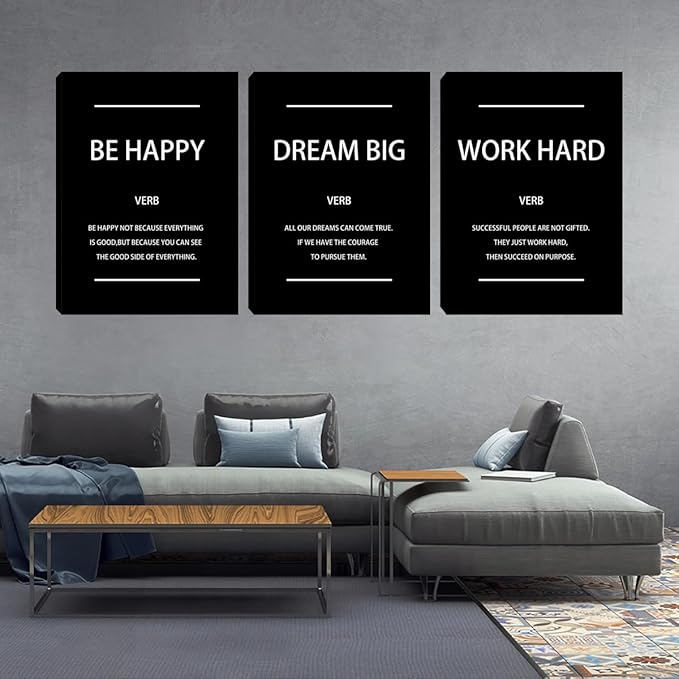 Unbruvo Motivational Office Wall Art, 3 Pieces Inspirational Canvas Wall Art, Dream Big Be Happy Work Hard Prints Poster Wall Decor for Living Room BedRoom Dorm(72" Wx36 H)