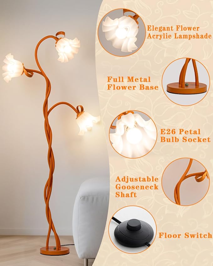 Flower Standing Lamp for Bedroom - 3 Color Temperatures Decorative Flower Tall Floor Reading Lamp with Flexible Neck for Bedroom Living Room Office Corner (Orange)