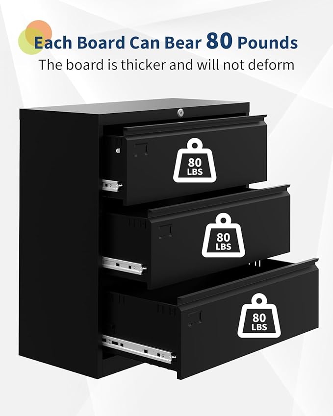3-Drawer Lateral File Cabinet with Lock, 52"H Metal Filing Cabinet for Home Office & Business Use – for Letter, Legal, A4, F4 Files, 320 LB Weight Capacity,Easy to Assemble (Black, 3 Drawer)