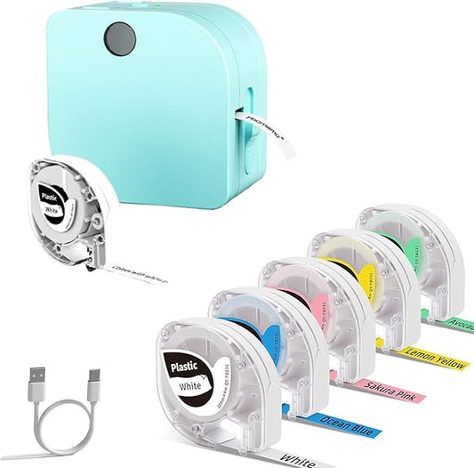 Phomemo P12 Label Maker Machine with 6 Tape, Colored Label Tapes(Green/Blue/Pink/Yellow/Black on White) Bluetooth Label Printer with Label Tape Perfect for Home, Office, School