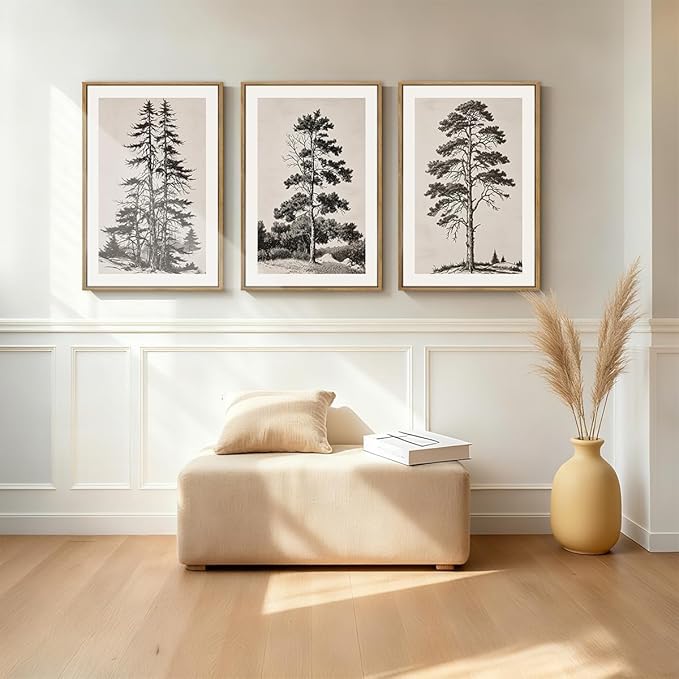 ANHUIB Vintage Tree Sketch Framed Canvas Wall Art 24x36 Inch Neutral Wilderness Forest Paintings Retro Botanical Wall Decor Set of 3 Black and White Landscape Prints for Living Room Bedroom Office